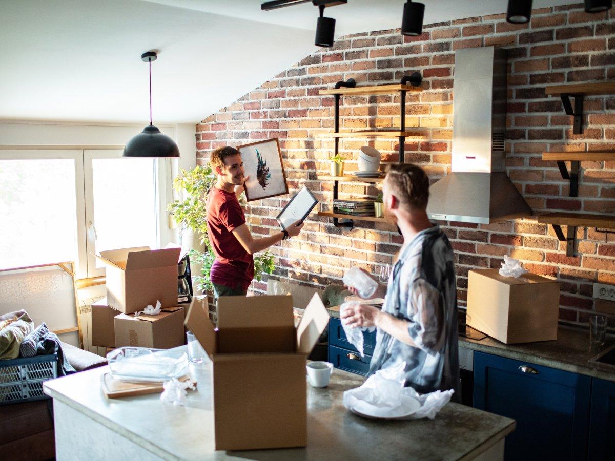 Unpacking photos in kitchen